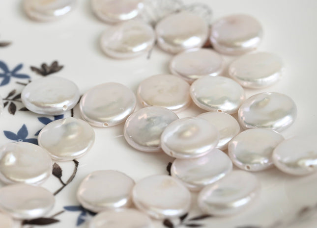 13mm AAAA Natural White Coin Freshwater Pearl Beads Genuine Cultured High Luster Top Quality Freshwater Coin Pearls #735