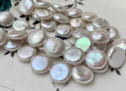 12-14mm AAAAA High Luster Top Quality Natural White Flat Coin Freshwater Pearls Genuine Very Rare Round Coin Pearl 8 Inches 14 Beads #P1109
