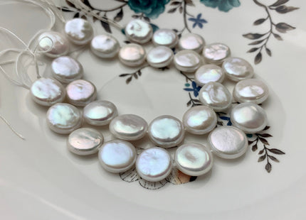 12-14mm AAAAA High Luster Top Quality Natural White Flat Coin Freshwater Pearls Genuine Very Rare Round Coin Pearl 8 Inches 14 Beads #P1109