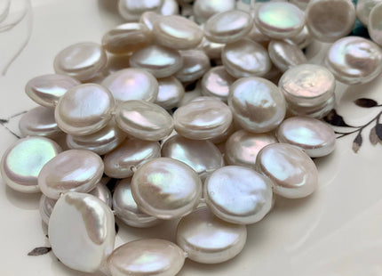 12-14mm AAAAA High Luster Top Quality Natural White Flat Coin Freshwater Pearls Genuine Very Rare Round Coin Pearl 8 Inches 14 Beads #P1109