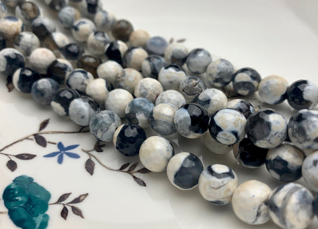 BEST DEAL 10 mm Faceted Round Agate Gemstone Beads Heat Treated Black White And Gray Color Natural Gemstone Agate 15.5 Inches Strand #2665