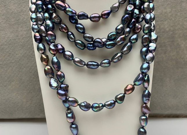 9-10x12-14 mm AAA 54 Or 64 Inches Hand Knotted Peacock Color Rice Nugget Freshwater Pearl Necklaces Genuine Freshwater Pearl Necklace #1672