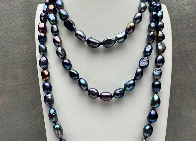 9-10x12-14 mm AAA 54 Or 64 Inches Hand Knotted Peacock Color Rice Nugget Freshwater Pearl Necklaces Genuine Freshwater Pearl Necklace #1672