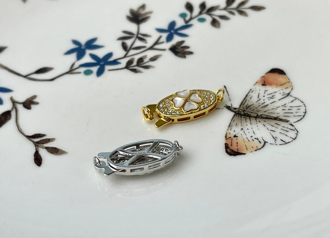 8x15 mm 925 Sterling Silver/Gold Extra Shiny Four Leaf Clover Shape Clasp Silver Findings With CZ Mother Of Pearl Silver Clasps #10287