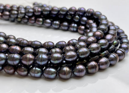7x8 mm Dark Gray Peacock Rice/Oval Ringed Freshwater Pearl Beads Genuine Peacock Color Oval Rice Freshwater Pearl Beads P2101