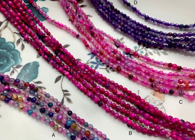 WHOLESALE 3 mm Faceted Round Agate Gemstone Beads Genuine Mixed Pink Purple Green Fuchsia Blue color Agate Loose Beads 15 Inches #3226