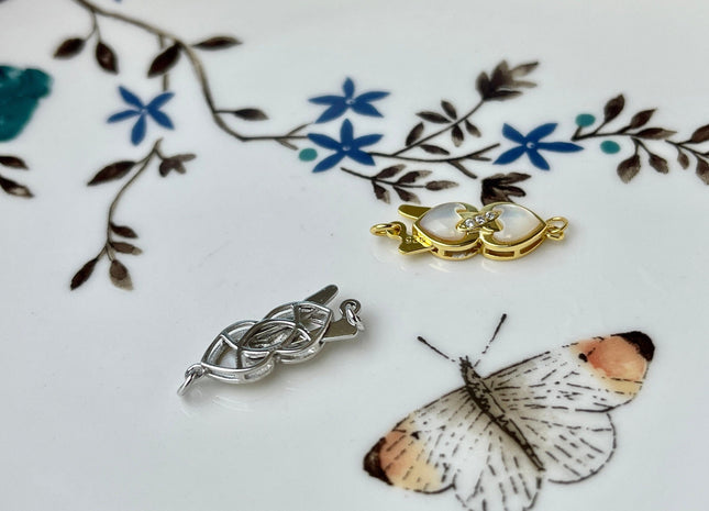 7x15 mm 925 Sterling Silver/Gold Extra Shiny Heart Bowtie Shape Clasp Sterling Silver Findings With CZ Mother Of Pearl Silver Clasps #10290