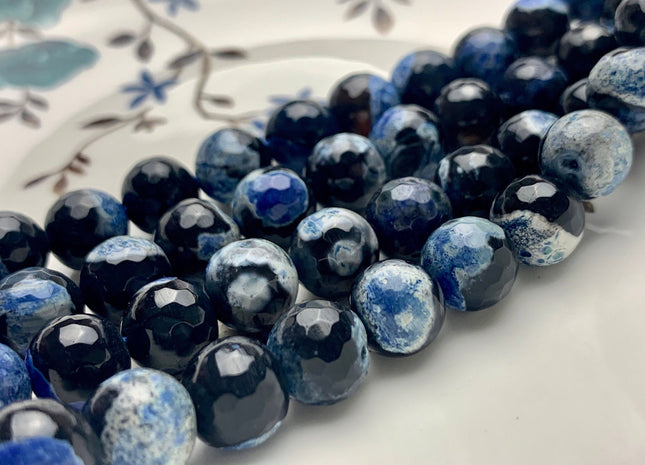 10 mm Faceted Round Fire Agate Gemstone Beads Heat Treated Multi Blue Gray Black Color Natural Gemstone Agate 15.5 Inches Strand #2668