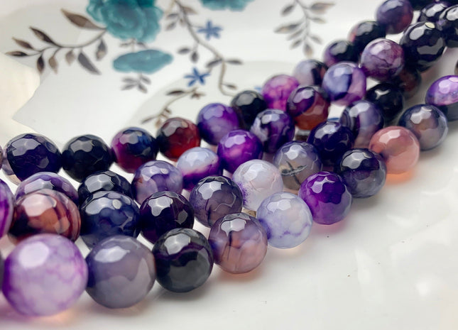 12mm 14mm 16mm Faceted Round Fire Agate Gemstone Bead Heat Treated Mixed Blue Purple Black Color Natural Agate 15.5 Inches Strand #2657