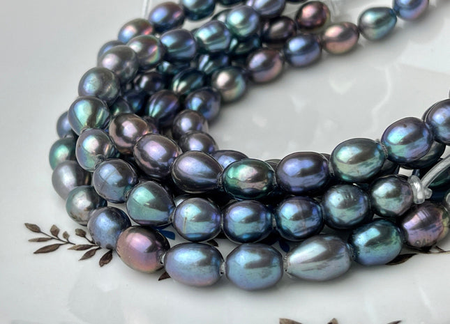 8-9x10-11mm AA Rainbow Peacock Large Hole Half Strand Freshwater Rice Shape Pearl Beads Hole Size 2.0mm 20 Beads #P2245