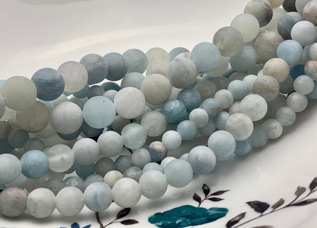 6mm 8mm 10mm Half Strand Large Hole Natural Color Matte Blue Aquamarine Gemstone Beads Hole Size 2.0 mm 8 Inches Strand #3765