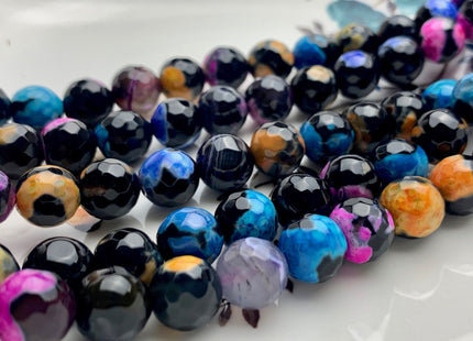 BEST DEAL 10mm 14mmFaceted Round Fire Agate Gemstone Beads Heat Treated Multi Black Pink Yellow Blue Color Agate 15.5 Inches Strand #2881
