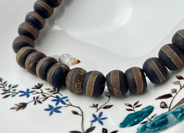 12x16 mm AAA DZI Tibetan Agate Drum Shape Dark Matte Brown Color \Agate Gemstone Large 2.0mm Hole Mala Antique Boho Beads 12.5 Inches #4245