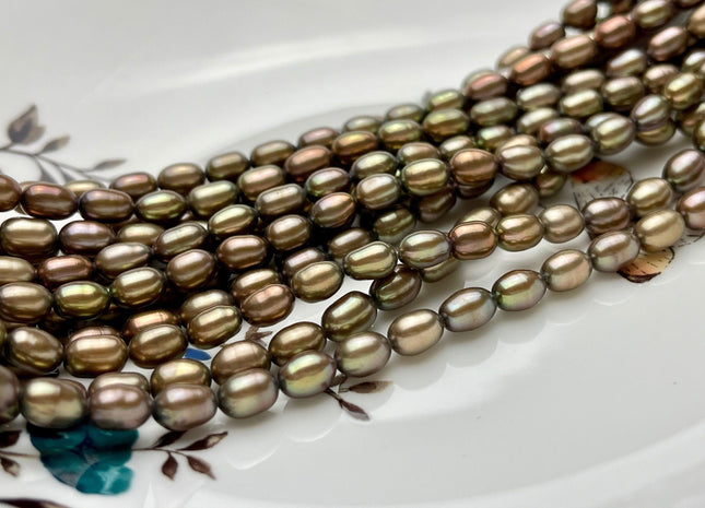 5.5x7 mm AAA Rice/Oval Freshwater Pearls Metallic Tan Color Genuine Freshwater Metallic Tan Rice Pearl Beads 54 Pieces #P1521