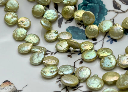 12 mm Lime Green Top Drilled Coin Freshwater Pearl Beads, Flat Coin Freshwater Pearls, Genuine Freshwater Coin Pearl Beads #1158