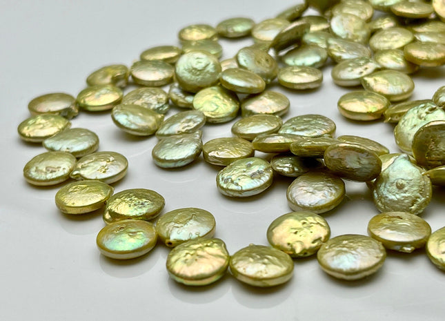 12 mm Lime Green Top Drilled Coin Freshwater Pearl Beads, Flat Coin Freshwater Pearls, Genuine Freshwater Coin Pearl Beads #1158
