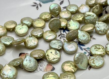12 mm Lime Green Top Drilled Coin Freshwater Pearl Beads, Flat Coin Freshwater Pearls, Genuine Freshwater Coin Pearl Beads #1158