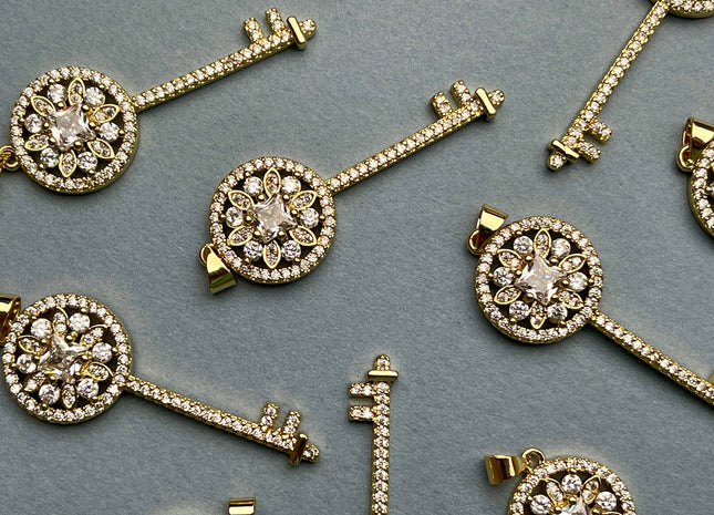 Key Design Charms for Necklace Jewelry Making, 18K Gold Filled Charm Antique Pendant With CZ Crystals, One Piece #CR0019