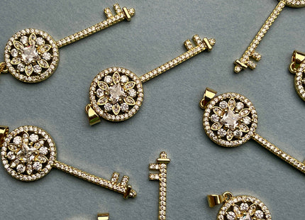 Key Design Charms for Necklace Jewelry Making, 18K Gold Filled Charm Antique Pendant With CZ Crystals, One Piece #CR0019