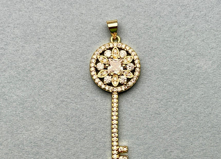 Key Design Charms for Necklace Jewelry Making, 18K Gold Filled Charm Antique Pendant With CZ Crystals, One Piece #CR0019