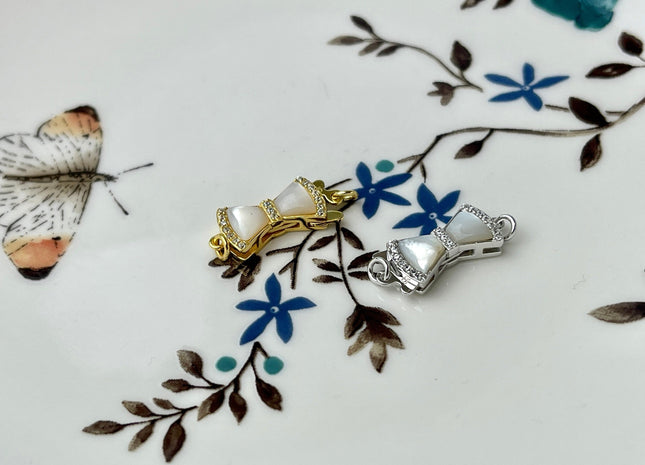 8x14 mm 925 Sterling Silver/Gold Extra Shiny Bowtie Shape Clasp Sterling Silver Findings With CZ Mother Of Pearl Silver Clasps #10289