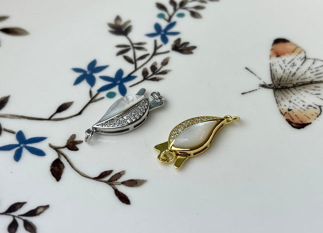 8x16 mm 925 Sterling Silver/Gold Extra Shiny Split Leaf Shape Clasp Sterling Silver Findings With CZ Mother Of Pearl Silver Clasps #10286