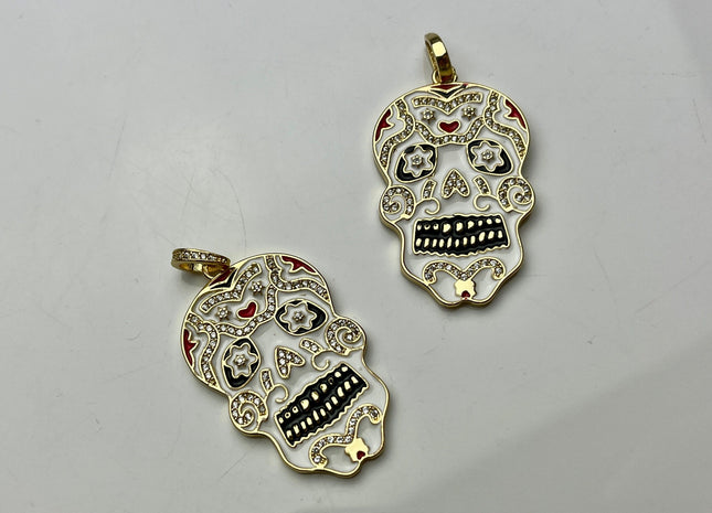 Dia De Meurtos Skull Charms for Necklace, 18K Gold Filled Charm Enamel Colored Pendant With CZ, Skull Charms, One Piece #CR0003