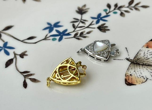 12 mm 925 Sterling Silver/Gold Extra Shiny Triangle Shape Clasp Sterling Silver Findings With CZ Mother Of Pearl Silver Clasps #10288