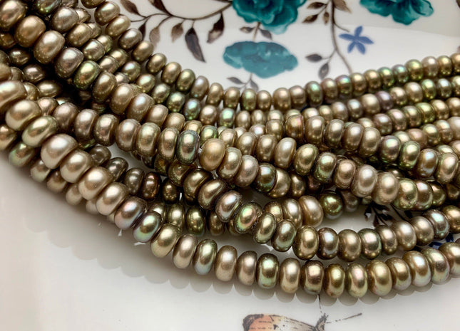 7mm AAA Champagne Green Color Half Strand Large Hole Freshwater Button Potato Pearl Hole Size 1.2mm High Luster Green Color Beads #P1829