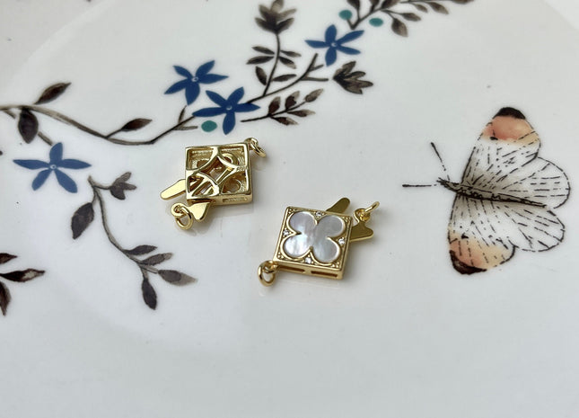 10 mm 925 Sterling Silver/Gold Extra Shiny Four Leaf Clover Shape Clasp Sterling Silver Findings Mother Of Pearl Silver Clasps #10281