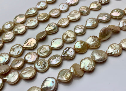 11 mm Half Strand Light Yellow Champagne Coin Freshwater Pearl Beads Genuine Cultured Coin Pearls  #320