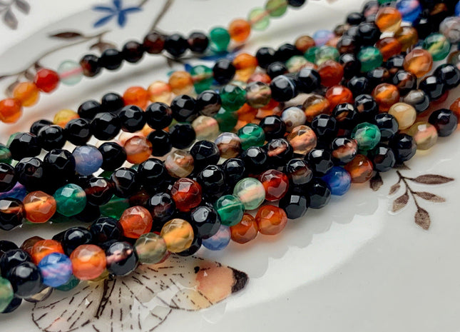 4 mm 6 mm Faceted Round Multi Black Orange Green Agate Gemstone Beads Genuine Agate Gemstone Loose Beads 14 Inches Strand #2741