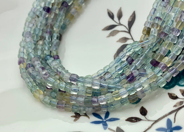 3-4mm Micro Faceted Cube Dice Square Shape Fluorite Genuine Diamond Cut Green Blue Yellow Purple Gemstone 15.5 Inches 123 Pieces #3552