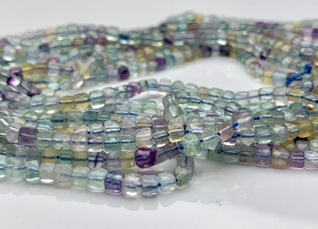3-4mm Micro Faceted Cube Dice Square Shape Fluorite Genuine Diamond Cut Green Blue Yellow Purple Gemstone 15.5 Inches 123 Pieces #3552