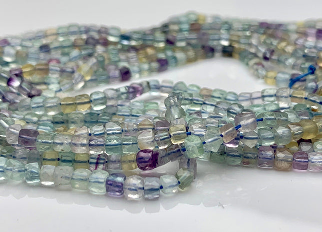 3-4mm Micro Faceted Cube Dice Square Shape Fluorite Genuine Diamond Cut Green Blue Yellow Purple Gemstone 15.5 Inches 123 Pieces #3552