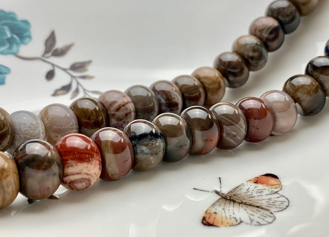 9x14 mm AAA Smooth Rondelle Natural Petrified Wood Beads Taupe Beige Brown Color High Quality Gemstone 15.5 Inches Strand 40 Beads #2729
