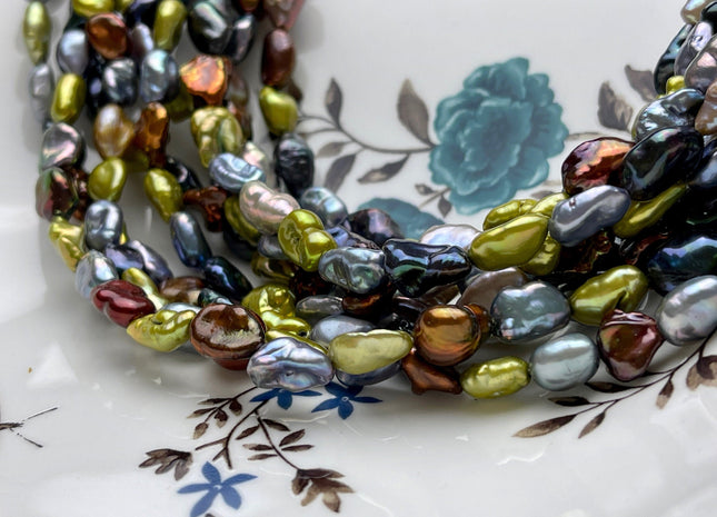 7-8x10-12 mm AAA High Luster Green Gray Copper Brown Keshi Rice/Oval Nugget Freshwater Pearl Beads Genuine Natural Keshi Pearls #P1845