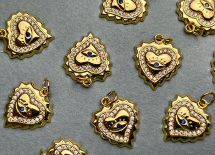 Evil Eye Heart Design Charms for Necklace Jewelry Making, 18K Gold Filled Charm Pendant With Colored CZ Crystals, One Piece #CR0021