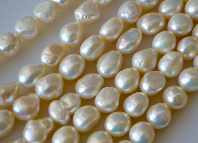 8-9 x 10-11mm Natural White High Luster Rice Nugget Freshwater Pearl Beads, Genuine Natural White Freshwater Pearl Nuggets #300
