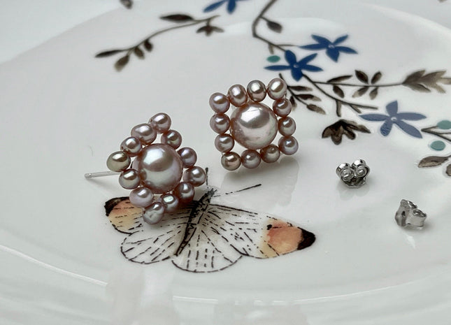 AAAAA Genuine Freshwater Pearl Earring Studs With 925 Sterling Silver Post Natural Mauve Pink Pearls Cluster Earring Bridal Jewelry #P1708-D