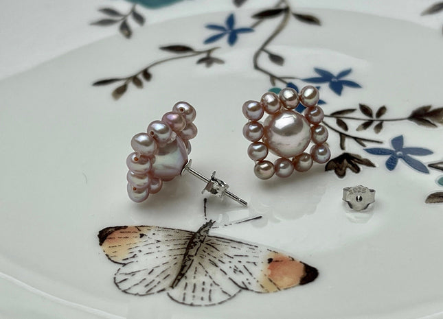 AAAAA Genuine Freshwater Pearl Earring Studs With 925 Sterling Silver Post Natural Mauve Pink Pearls Cluster Earring Bridal Jewelry #P1708-D