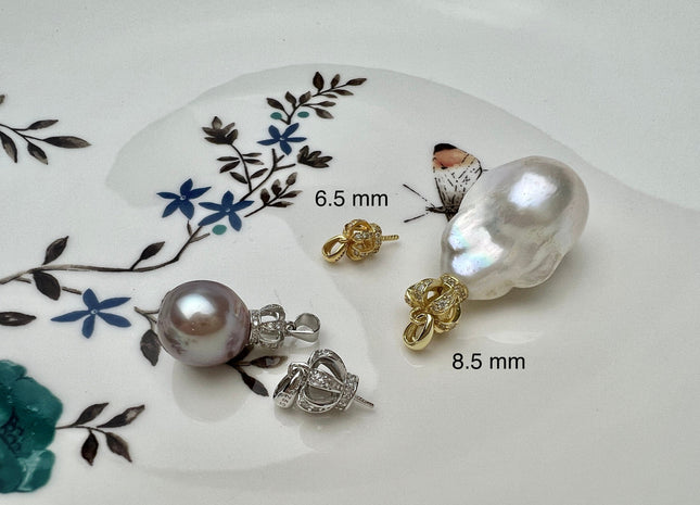 One Piece 925 Sterling Silver/Gold Pendant Setting Findings For Half Drilled Pearl Crown Shape Design W/CZ Silver Mounts Jewelry #10371A