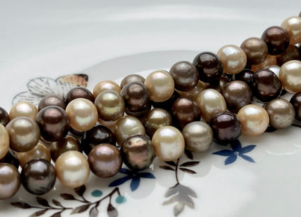7-8 mm AA Multi Color Off Round Freshwater Pearl Beads Mixed Champagne/Taupe/Brown Potato Pearls, Genuine Freshwater Pearl Beads #1009