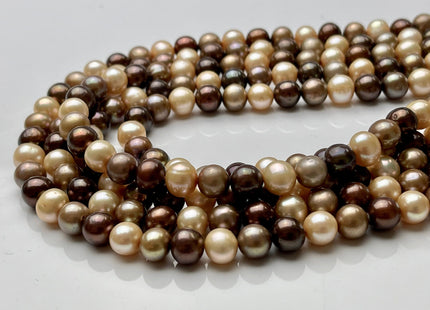 7-8 mm AA Multi Color Off Round Freshwater Pearl Beads Mixed Champagne/Taupe/Brown Potato Pearls, Genuine Freshwater Pearl Beads #1009