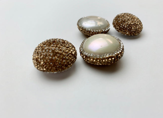 23-24mm AA Coin Freshwater Pearl Pendent Half Drilled W/ Pave Gold Rhinestone 0.7 mm Hole Genuine Freshwater Coin Pearl Pendant #1175