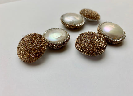 23-24mm AA Coin Freshwater Pearl Pendent Half Drilled W/ Pave Gold Rhinestone 0.7 mm Hole Genuine Freshwater Coin Pearl Pendant #1175