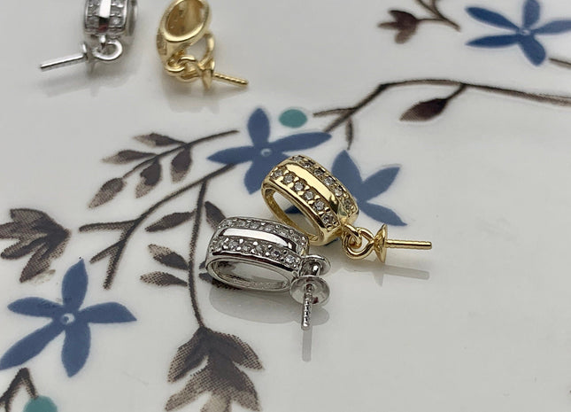 One Piece 925 Sterling Silver/Gold Pendant Setting Findings For Half Drilled Pearls Simple Design W/CZ Sterling Silver Pendant #10365