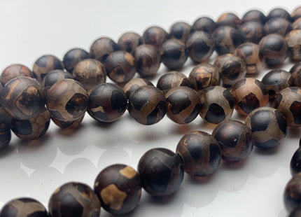 10 mm AAA DZI Tibetan Agate Faceted Round Black Brown Etched Agate Gemstone Matte Football Mala Antique Boho Beads 14 Inches #3029