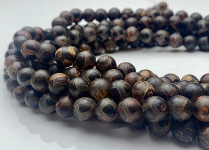 10 mm AAA DZI Tibetan Agate Faceted Round Black Brown Etched Agate Gemstone Matte Football Mala Antique Boho Beads 14 Inches #3029