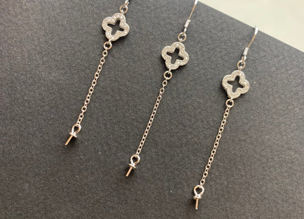 One Pair 925 Sterling Silver Earring Setting With CZ Genuine 925 Sterling Silver Dangle Earring Findings For Half Drilled Pearls #10348-D